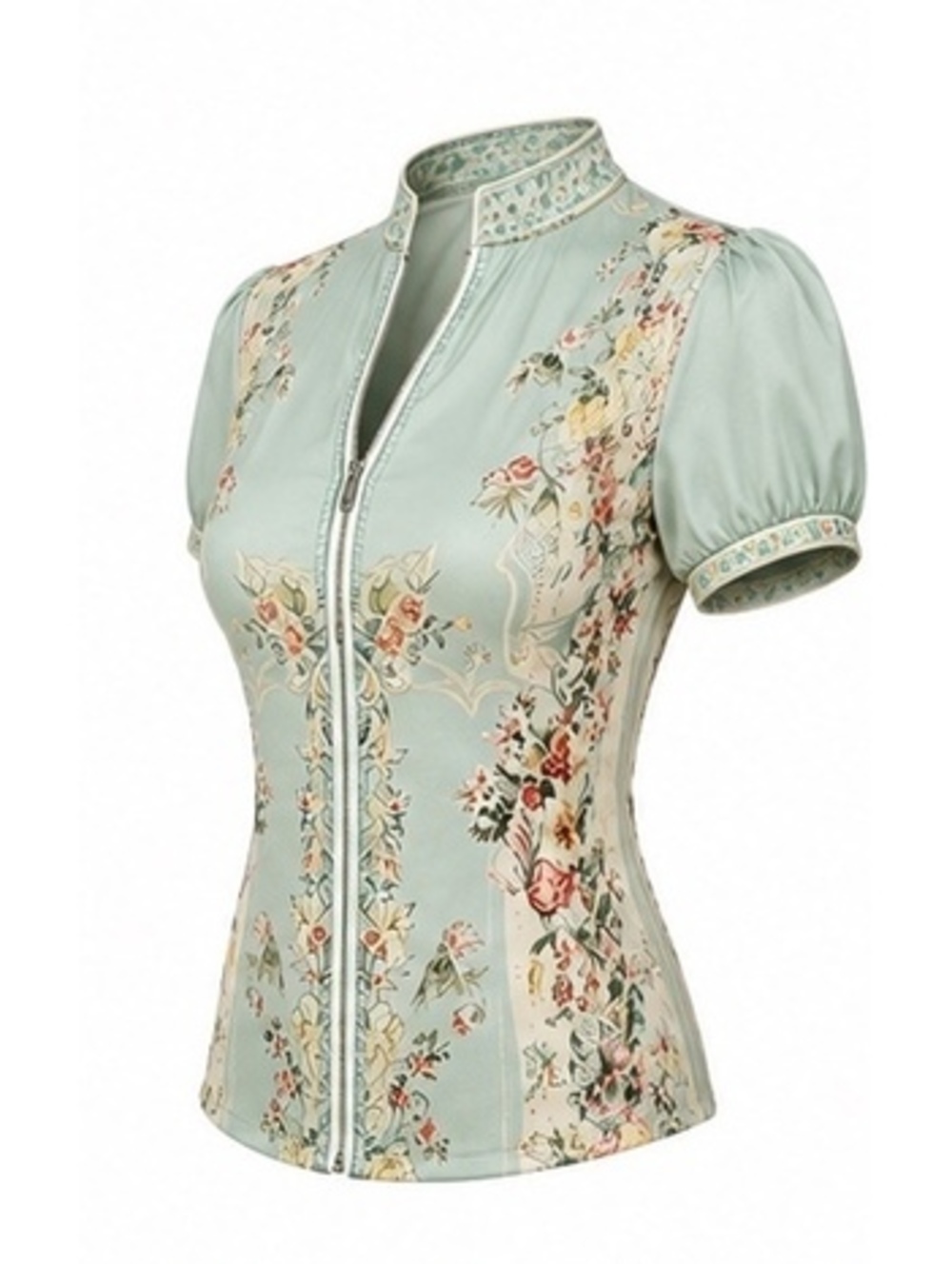 Retro Mint Green Floral Chiffon Zip-Up Top Size Small - Picture 4 of 8